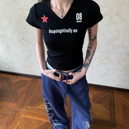 BY18366# 美式复古辣妹棉质短袖T恤夏季新款创意字母印花修身显瘦短款上衣 服裝批發女裝批發服飾貨源