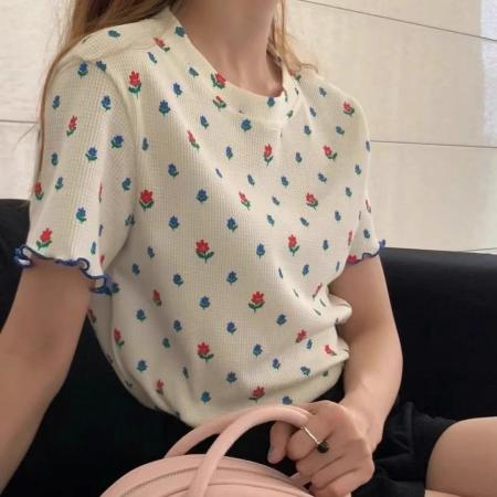 BY18367# 小碎花清新圆领短袖t恤女夏季新款韩版甜美减龄修身显瘦正肩上衣 服裝批發女裝批發服飾貨源