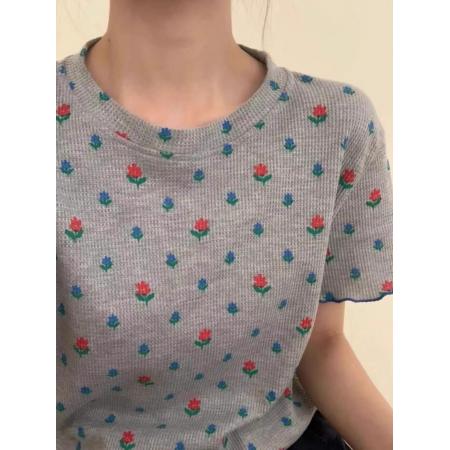 BY18367# 小碎花清新圆领短袖t恤女夏季新款韩版甜美减龄修身显瘦正肩上衣 服裝批發女裝批發服飾貨源