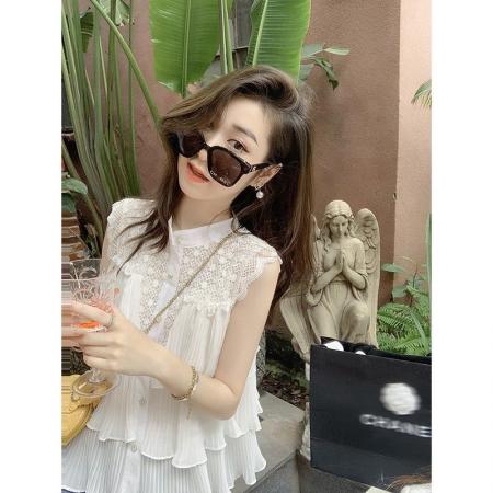 BY18368# 镂空纯色雪纺衫无袖衬衫女装夏季新款气质设计感修身百搭上衣 服裝批發女裝批發服飾貨源