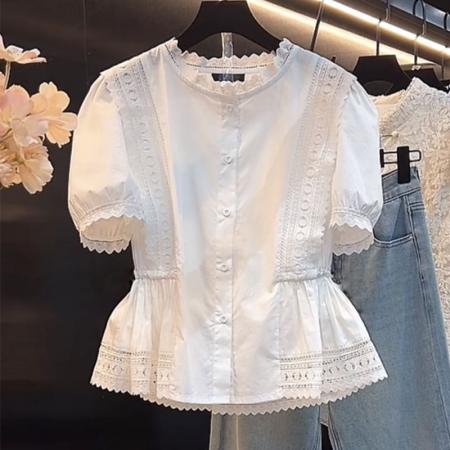 BY18369# 大码蕾丝镂空白色短袖衬衫女夏季新款设计感时尚气质衬衣上衣 服裝批發女裝批發服飾貨源
