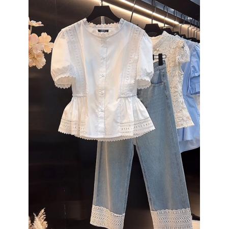 BY18369# 大码蕾丝镂空白色短袖衬衫女夏季新款设计感时尚气质衬衣上衣 服裝批發女裝批發服飾貨源