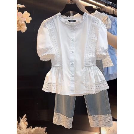 BY18369# 大码蕾丝镂空白色短袖衬衫女夏季新款设计感时尚气质衬衣上衣 服裝批發女裝批發服飾貨源