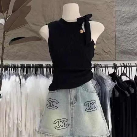 BY18370# 款高级气质露单肩绑带无袖纯欲辣妹修身显瘦针织背心无袖上衣 服裝批發女裝批發服飾貨源