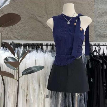 BY18370# 款高级气质露单肩绑带无袖纯欲辣妹修身显瘦针织背心无袖上衣 服裝批發女裝批發服飾貨源