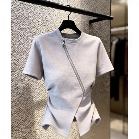 BY18371# 小众设计感日常通勤潮流款灰色上衣女夏季领斜拉链开叉上衣 服裝批發女裝批發服飾貨源