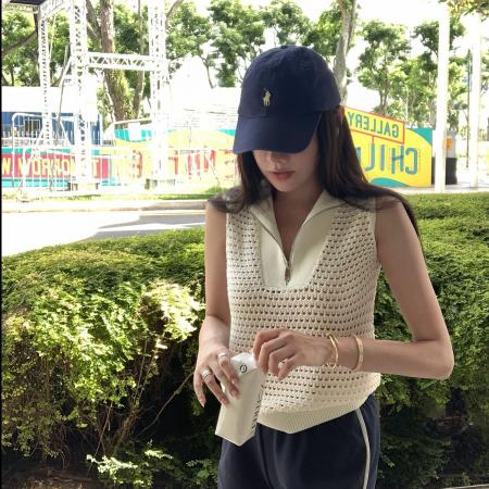 BY18375# 爆款夏季新款百搭时尚洋气高领拉链松弛感镂空针织背心上衣 服裝批發女裝批發服飾貨源