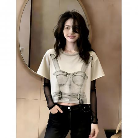 美式设计印花网纱假两件长袖T恤女夏季新款修身拼接显瘦短款上衣 服裝批發女裝批發服飾貨源