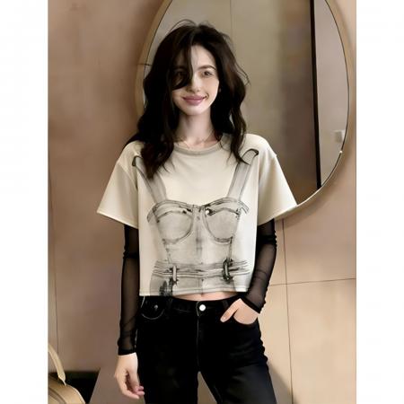 BY18378# 美式设计印花网纱假两件长袖T恤女夏季新款修身拼接显瘦短款上衣 服裝批發女裝批發服飾貨源