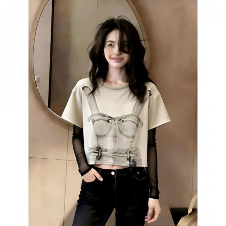 BY18378# 美式设计印花网纱假两件长袖T恤女夏季新款修身拼接显瘦短款上衣 服裝批發女裝批發服飾貨源