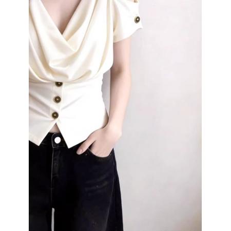 BY18380# 夏季设计感小众露肩甜辣妹短袖法式女百搭修身别致绝美巨好看上衣 服裝批發女裝批發服飾貨源