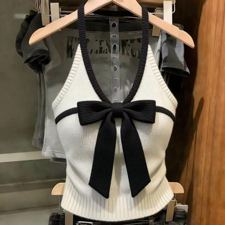 BY18381# 新款法式蝴蝶结设计吊带针织背心无袖上衣修身辣妹短款chic打底衫 服裝批發女裝批發服飾貨源