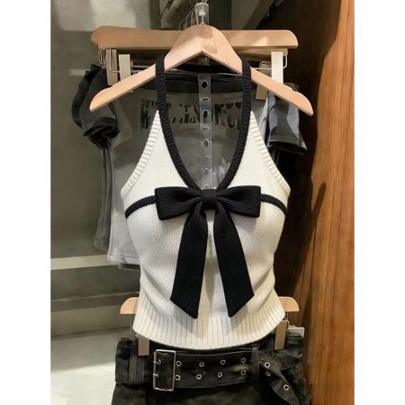 BY18381# 新款法式蝴蝶结设计吊带针织背心无袖上衣修身辣妹短款chic打底衫 服裝批發女裝批發服飾貨源