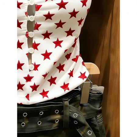 BY18382# 带胸垫美式复古红星星印花吊带背心辣妹风显瘦内搭外穿上衣女潮 服裝批發女裝批發服飾貨源