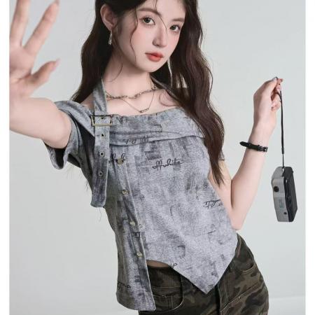 BY18383# 美式辣妹风穿搭扎染一字肩短袖t恤女夏季御姐设计感收腰露肩上衣 服裝批發女裝批發服飾貨源