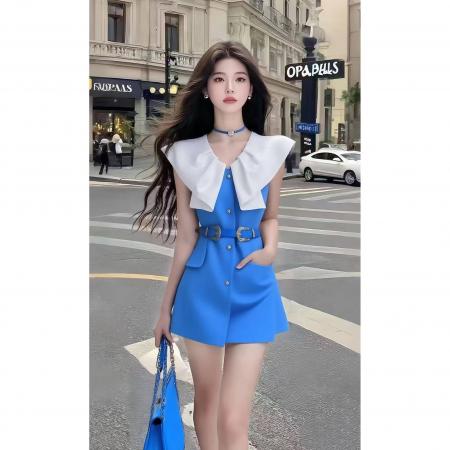 BY18388# 夏季上新轻奢通勤风蓝色V领修身收腰系带连衣裙时尚气质显瘦女装 服裝批發女裝批發服飾貨源