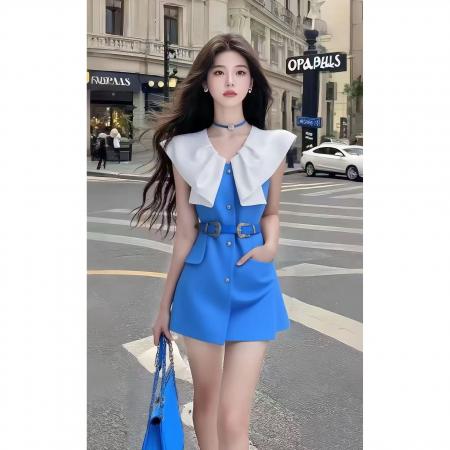 BY18388# 夏季上新轻奢通勤风蓝色V领修身收腰系带连衣裙时尚气质显瘦女装 服裝批發女裝批發服飾貨源