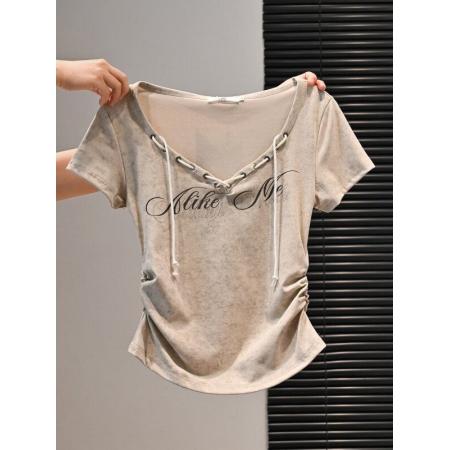 BY18391# 美式复古辣妹短款修身显瘦短袖t恤女夏收褶弧形字母印花系绳上衣 服裝批發女裝批發服飾貨源