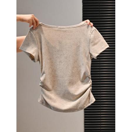 BY18391# 美式复古辣妹短款修身显瘦短袖t恤女夏收褶弧形字母印花系绳上衣 服裝批發女裝批發服飾貨源