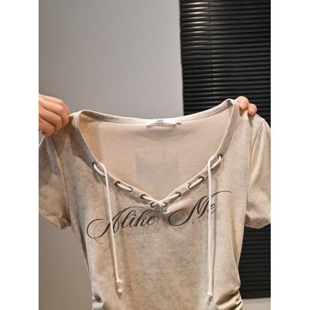 BY18391# 美式复古辣妹短款修身显瘦短袖t恤女夏收褶弧形字母印花系绳上衣 服裝批發女裝批發服飾貨源