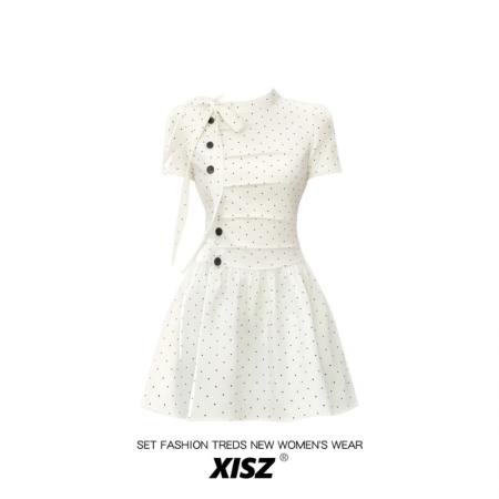 BY18393# 韩系巨好看的白色波点连衣裙女夏季独特蝴蝶结纽扣高级收腰短裙子 服裝批發女裝批發服飾貨源