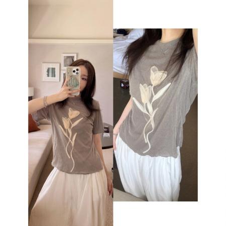 BY18395# 莫奈立体郁金香双层针织网纱叠透长袖短袖正肩T 服裝批發女裝批發服飾貨源
