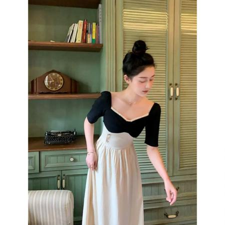 BY18396# 茶歇法式方领芭蕾风连衣裙方领拼接设计感小众显瘦撞色长裙女夏季 服裝批發女裝批發服飾貨源