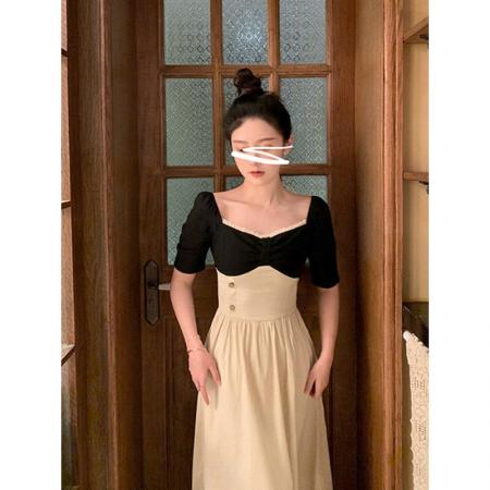 BY18396# 茶歇法式方领芭蕾风连衣裙方领拼接设计感小众显瘦撞色长裙女夏季 服裝批發女裝批發服飾貨源