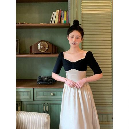 BY18396# 茶歇法式方领芭蕾风连衣裙方领拼接设计感小众显瘦撞色长裙女夏季 服裝批發女裝批發服飾貨源