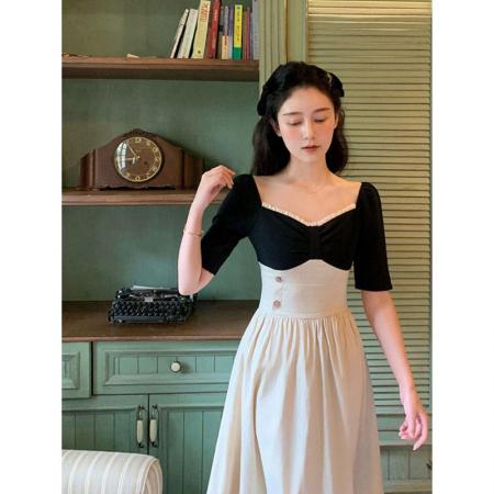 BY18396# 茶歇法式方领芭蕾风连衣裙方领拼接设计感小众显瘦撞色长裙女夏季 服裝批發女裝批發服飾貨源