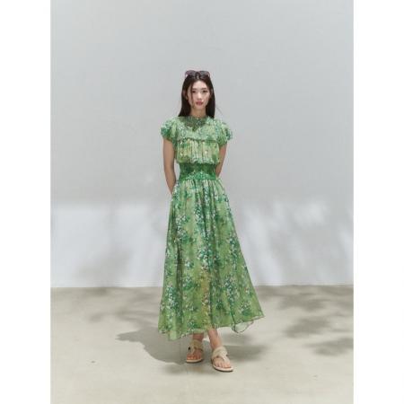 BY18399# 法式优雅度假风绿色碎花裙弹力收腰气质连衣裙 服裝批發女裝批發服飾貨源