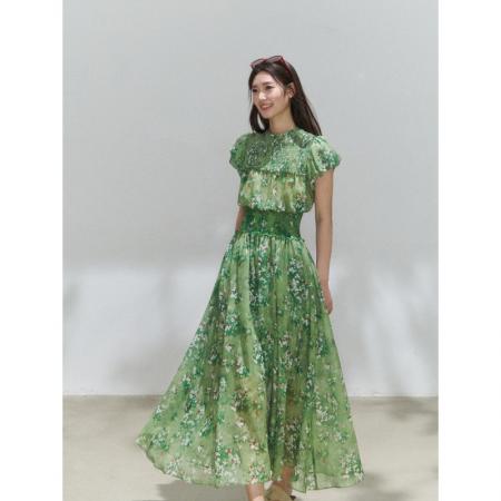 BY18399# 法式优雅度假风绿色碎花裙弹力收腰气质连衣裙 服裝批發女裝批發服飾貨源