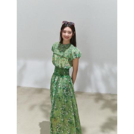 BY18399# 法式优雅度假风绿色碎花裙弹力收腰气质连衣裙 服裝批發女裝批發服飾貨源