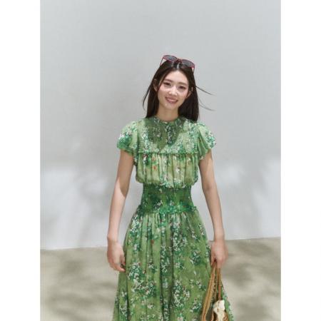 BY18399# 法式优雅度假风绿色碎花裙弹力收腰气质连衣裙 服裝批發女裝批發服飾貨源
