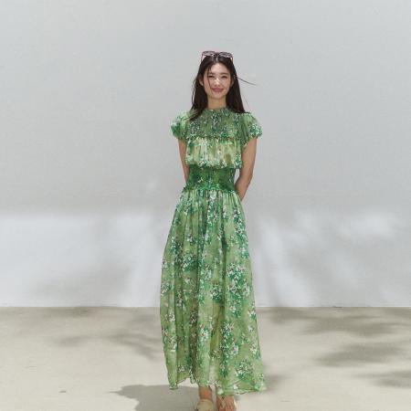 BY18399# 法式优雅度假风绿色碎花裙弹力收腰气质连衣裙 服裝批發女裝批發服飾貨源