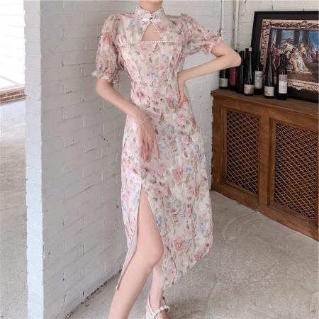 BY18400# 大码女装夏季新款云想衣裳花想容开叉粉碎花旗袍裙胖mm气质连衣裙 服裝批發女裝批發服飾貨源