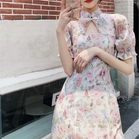 BY18400# 大码女装夏季新款云想衣裳花想容开叉粉碎花旗袍裙胖mm气质连衣裙 服裝批發女裝批發服飾貨源