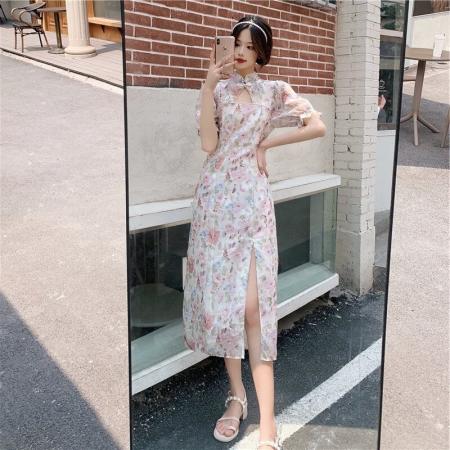 BY18400# 大码女装夏季新款云想衣裳花想容开叉粉碎花旗袍裙胖mm气质连衣裙 服裝批發女裝批發服飾貨源