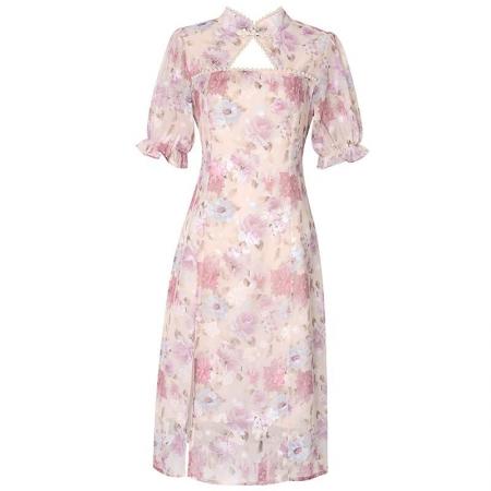 BY18400# 大码女装夏季新款云想衣裳花想容开叉粉碎花旗袍裙胖mm气质连衣裙 服裝批發女裝批發服飾貨源