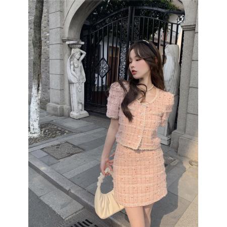 BY18403# 小香风套装女夏季新款韩版气质单排扣上衣+包臀裙粉色短裙小个子 服裝批發女裝批發服飾貨源