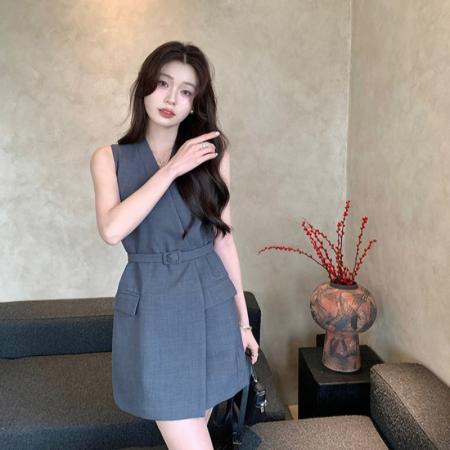 BY18405# 特别漂亮掐腰小裙子高级感通勤职业小个子灰色西装连衣裙早春绝 服裝批發女裝批發服飾貨源