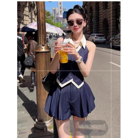 BY18412# 学院风套装女夏季新款拼接撞色polo领马甲上衣花苞半身裙两件套装 服裝批發女裝批發服飾貨源