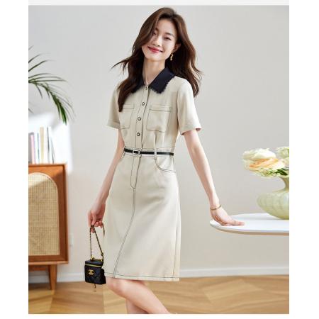 BY18413# 休闲工装连衣裙女夏季新款小香风撞色花边衬衫领裙子女 服裝批發女裝批發服飾貨源