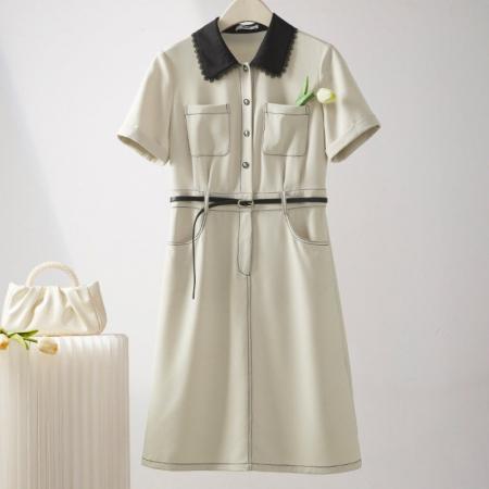 BY18413# 休闲工装连衣裙女夏季新款小香风撞色花边衬衫领裙子女 服裝批發女裝批發服飾貨源