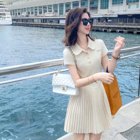 BY18414# 夏季新款小香风短袖连衣裙女新款娃娃领拼接百褶裙子 服裝批發女裝批發服飾貨源