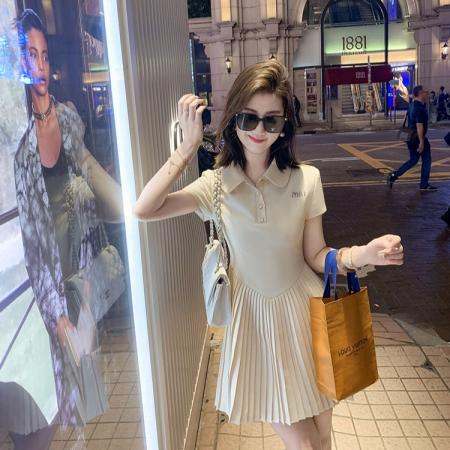 BY18414# 夏季新款小香风短袖连衣裙女新款娃娃领拼接百褶裙子 服裝批發女裝批發服飾貨源