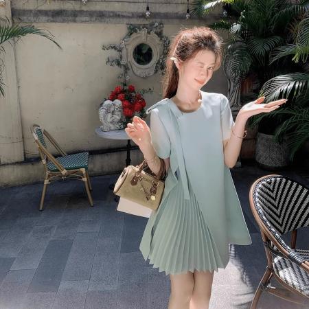 BY18415# 夏新款压褶连衣裙女夏新款时尚蝴蝶结宽松圆领a字短裙连衣裙 服裝批發女裝批發服飾貨源