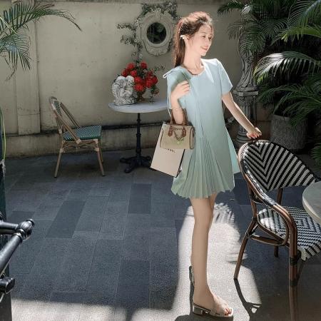 BY18415# 夏新款压褶连衣裙女夏新款时尚蝴蝶结宽松圆领a字短裙连衣裙 服裝批發女裝批發服飾貨源