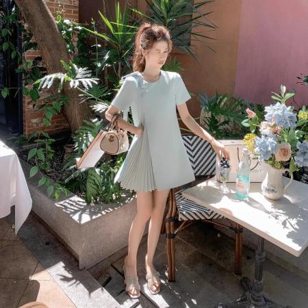 BY18415# 夏新款压褶连衣裙女夏新款时尚蝴蝶结宽松圆领a字短裙连衣裙 服裝批發女裝批發服飾貨源