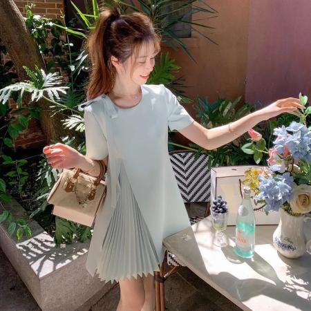 BY18415# 夏新款压褶连衣裙女夏新款时尚蝴蝶结宽松圆领a字短裙连衣裙 服裝批發女裝批發服飾貨源